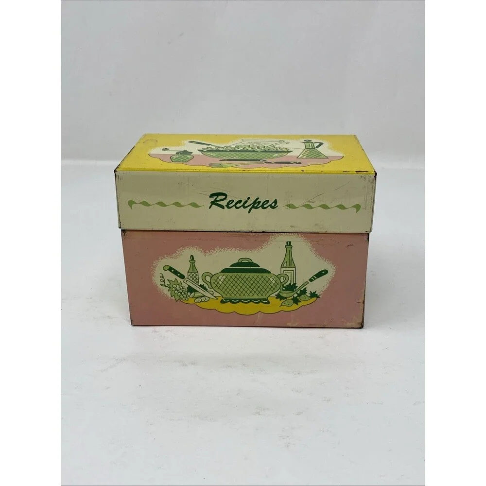 Vintage The Ohio Art Co Metal MCM Recipe Box Pink Green Yellow USA